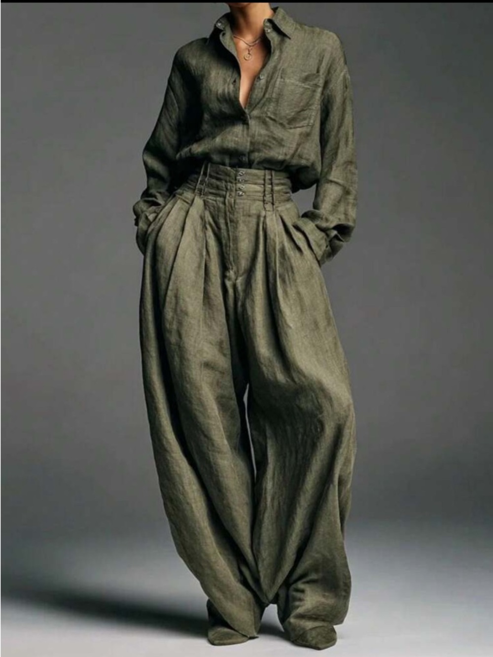 High-Waist Olive Green Wide-Leg Pants and shirt - Picture 4 of 6